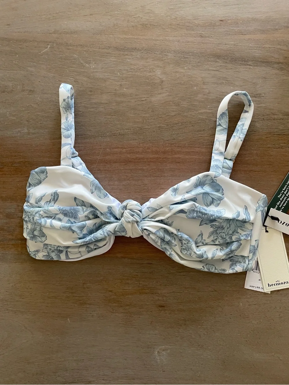 Hermoza White Bikini Top with Blue Floral Knot Front